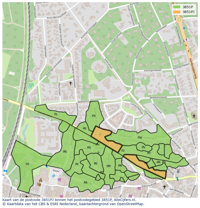 Afbeelding van het postcodegebied 3851 PJ op de kaart.