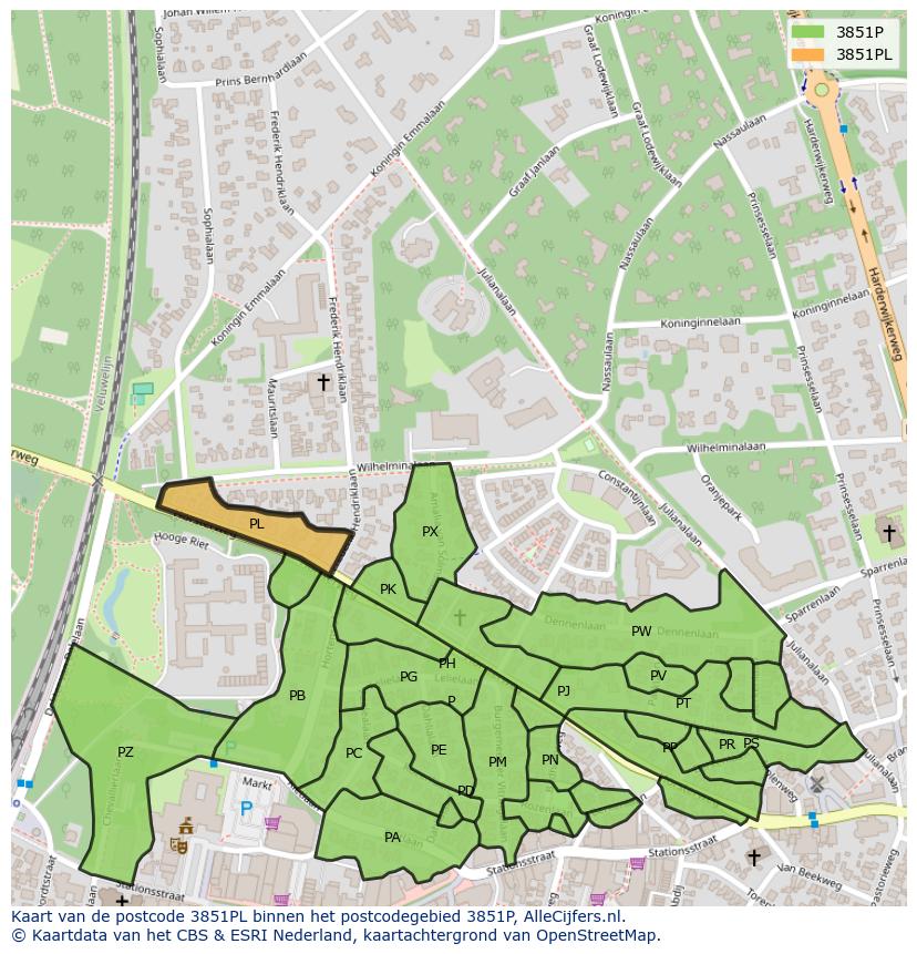 Afbeelding van het postcodegebied 3851 PL op de kaart.
