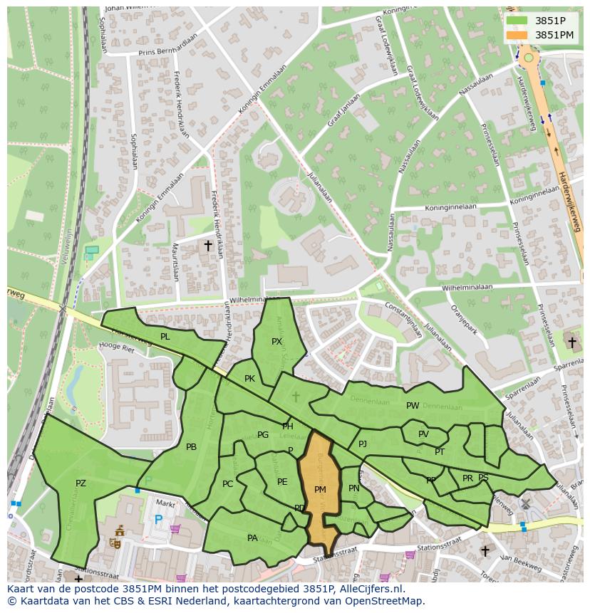 Afbeelding van het postcodegebied 3851 PM op de kaart.
