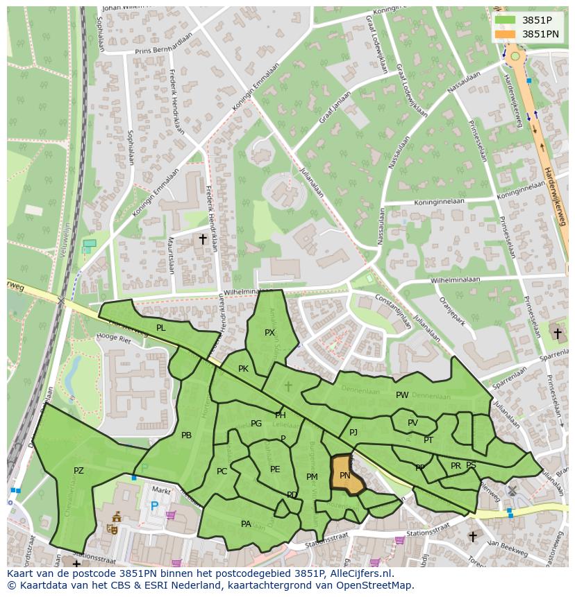 Afbeelding van het postcodegebied 3851 PN op de kaart.