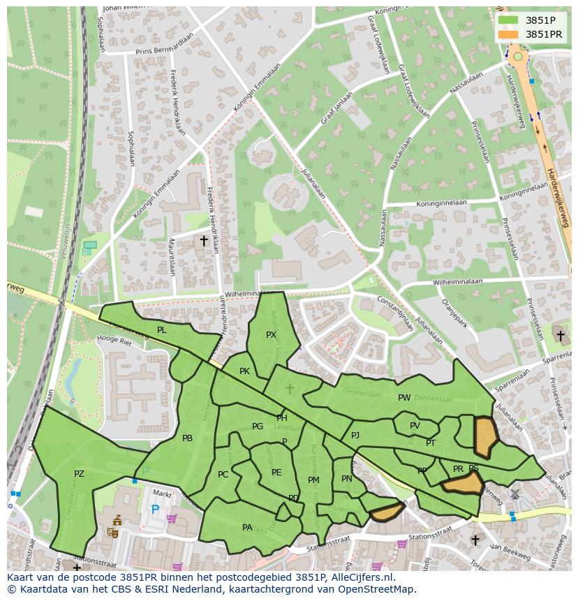 Afbeelding van het postcodegebied 3851 PR op de kaart.