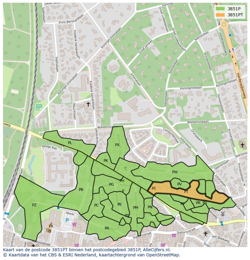 Afbeelding van het postcodegebied 3851 PT op de kaart.