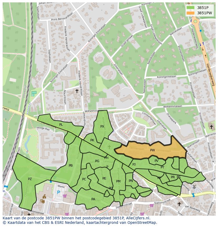 Afbeelding van het postcodegebied 3851 PW op de kaart.
