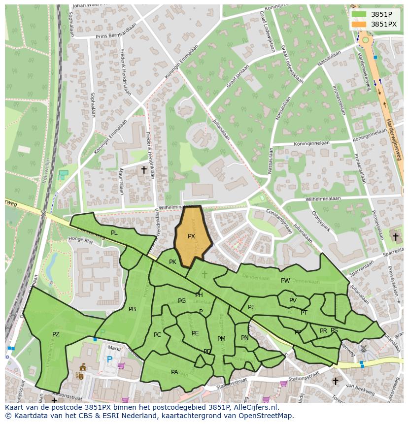Afbeelding van het postcodegebied 3851 PX op de kaart.