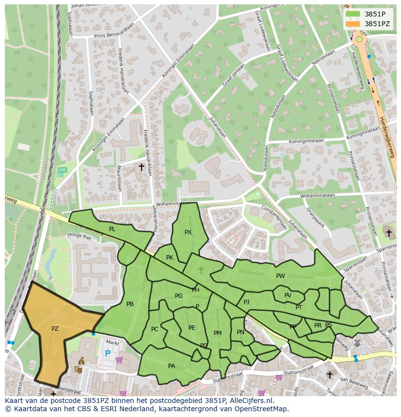Afbeelding van het postcodegebied 3851 PZ op de kaart.