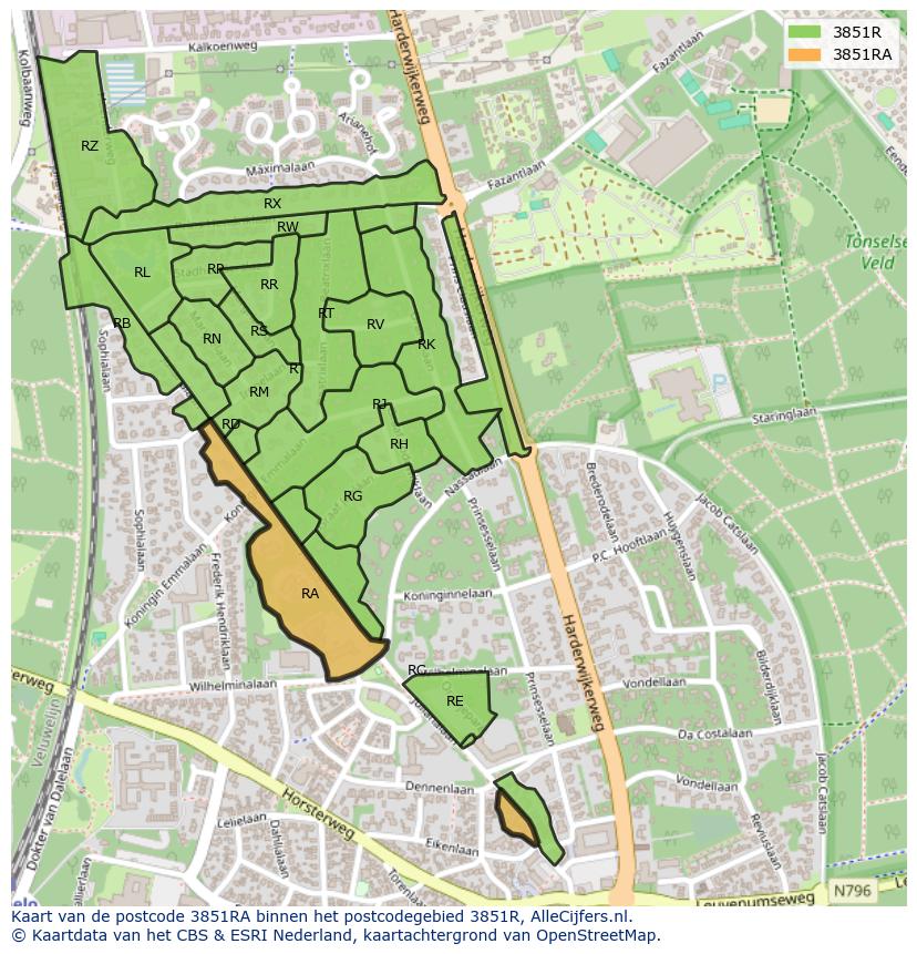 Afbeelding van het postcodegebied 3851 RA op de kaart.