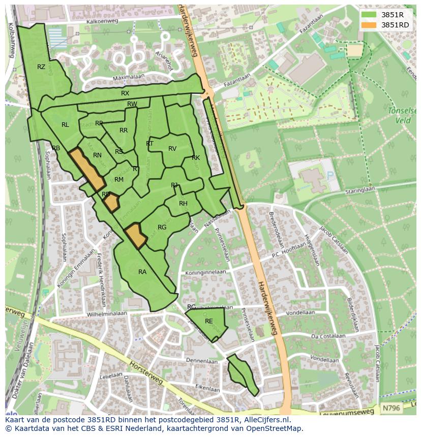 Afbeelding van het postcodegebied 3851 RD op de kaart.