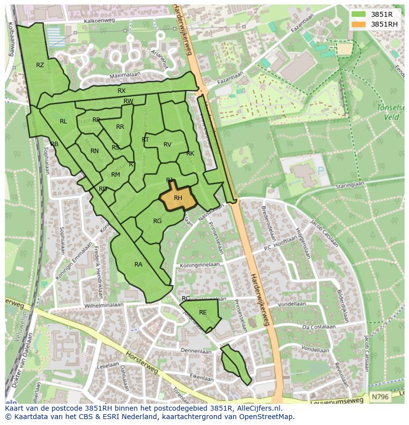 Afbeelding van het postcodegebied 3851 RH op de kaart.