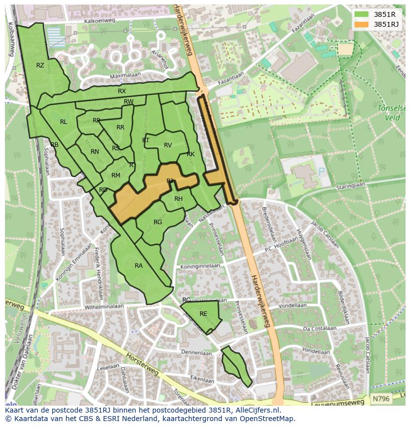 Afbeelding van het postcodegebied 3851 RJ op de kaart.