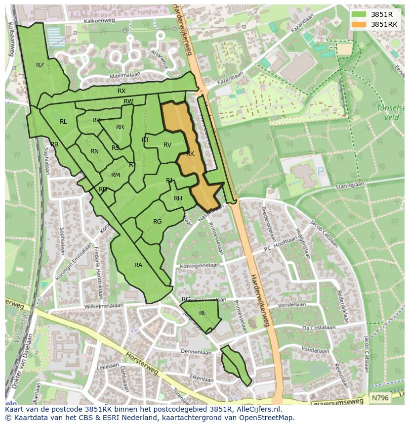 Afbeelding van het postcodegebied 3851 RK op de kaart.
