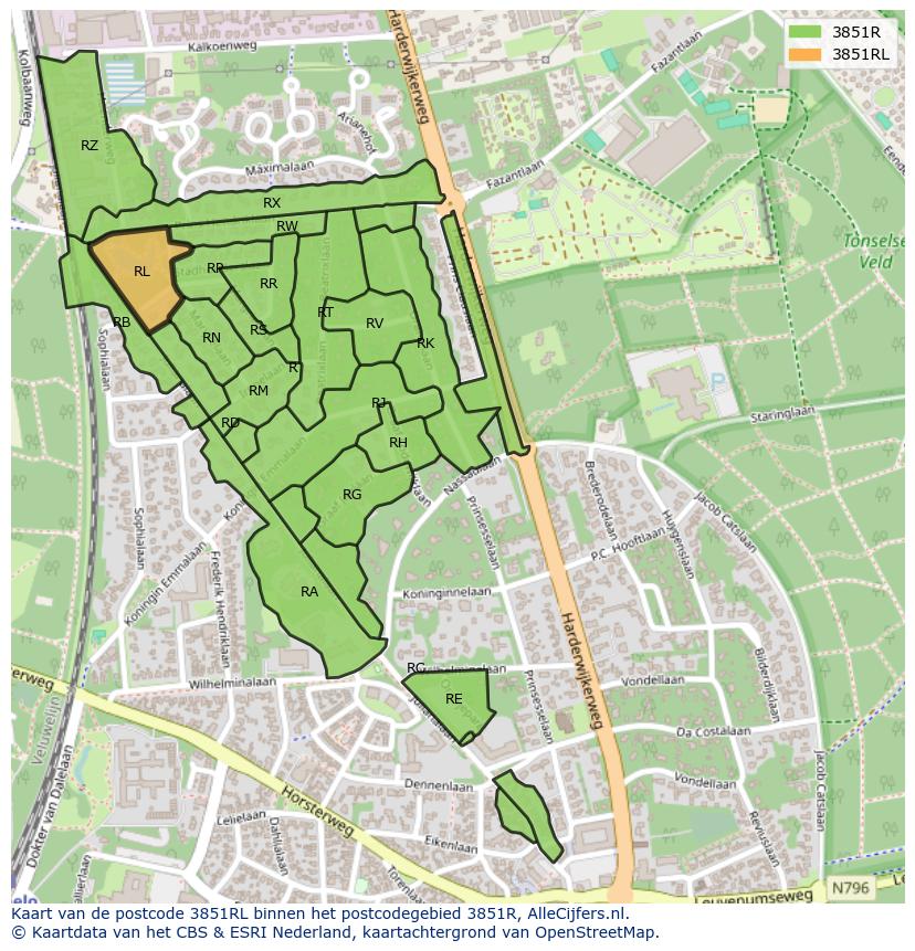 Afbeelding van het postcodegebied 3851 RL op de kaart.
