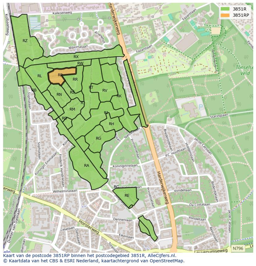 Afbeelding van het postcodegebied 3851 RP op de kaart.