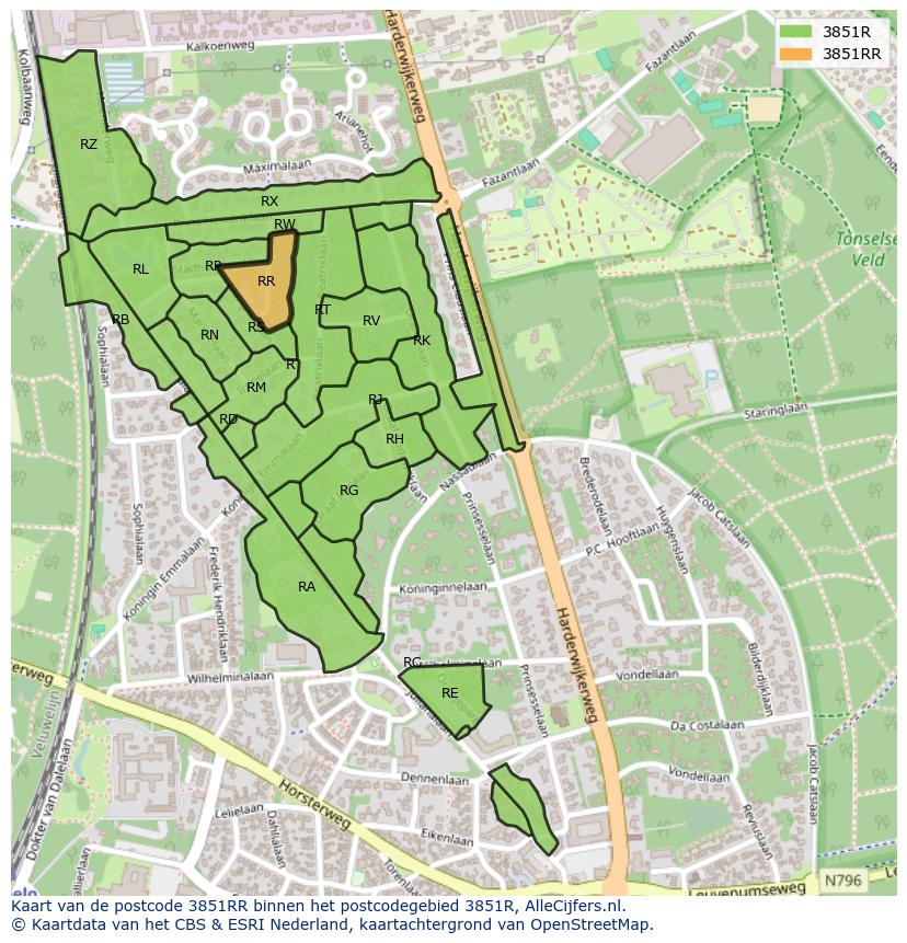 Afbeelding van het postcodegebied 3851 RR op de kaart.