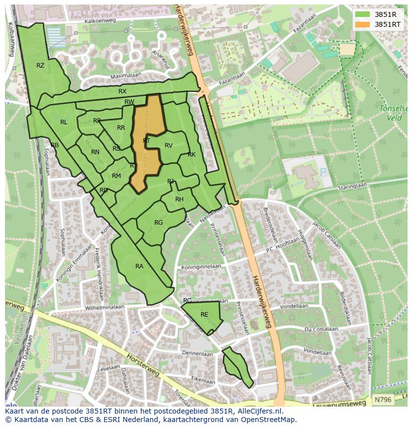 Afbeelding van het postcodegebied 3851 RT op de kaart.