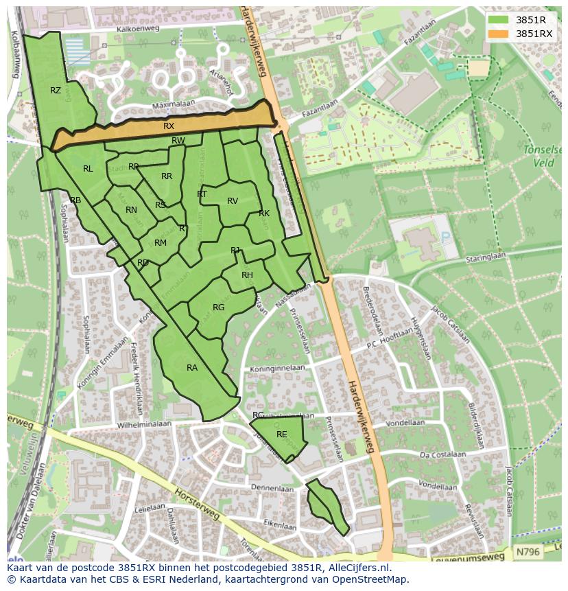 Afbeelding van het postcodegebied 3851 RX op de kaart.