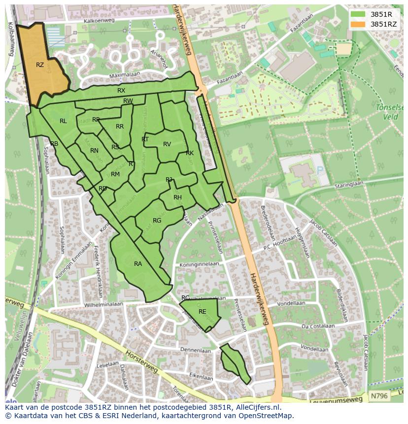 Afbeelding van het postcodegebied 3851 RZ op de kaart.