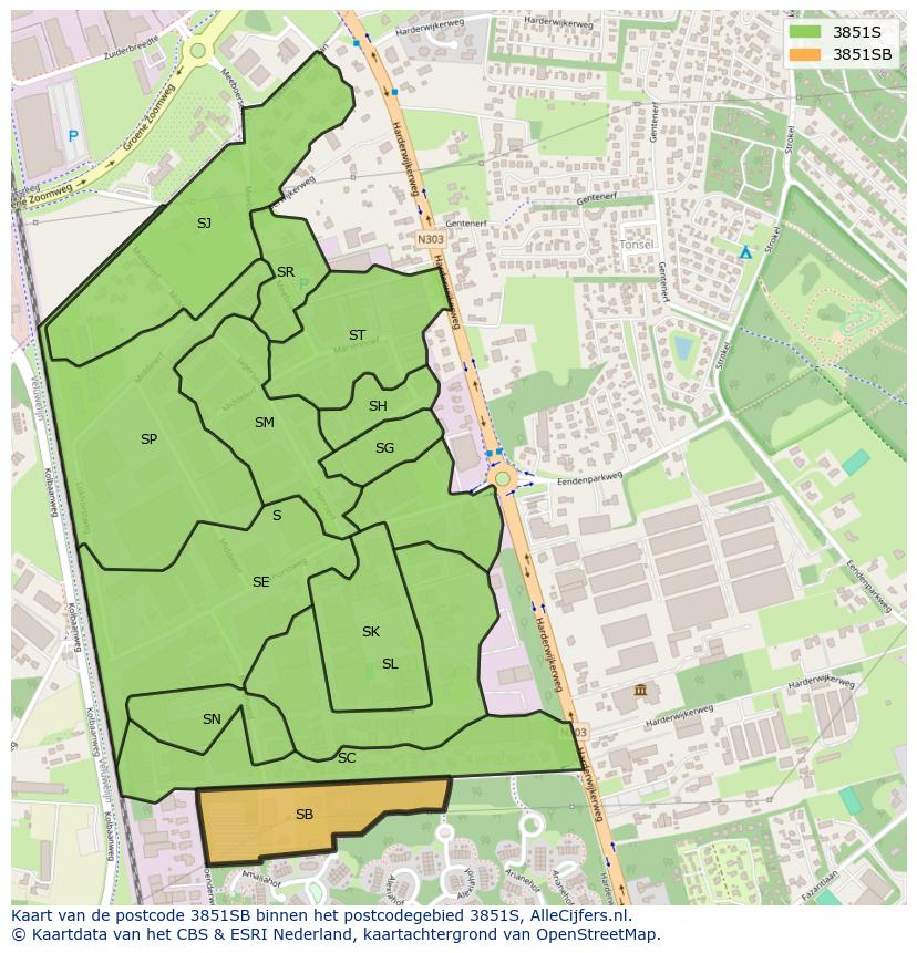 Afbeelding van het postcodegebied 3851 SB op de kaart.
