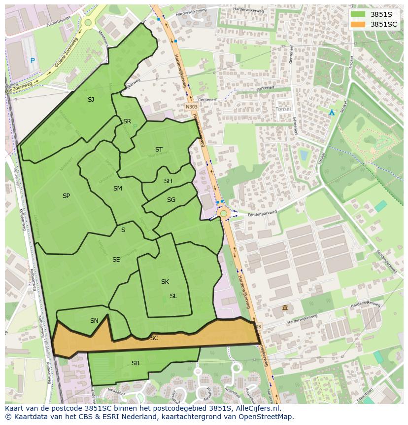 Afbeelding van het postcodegebied 3851 SC op de kaart.