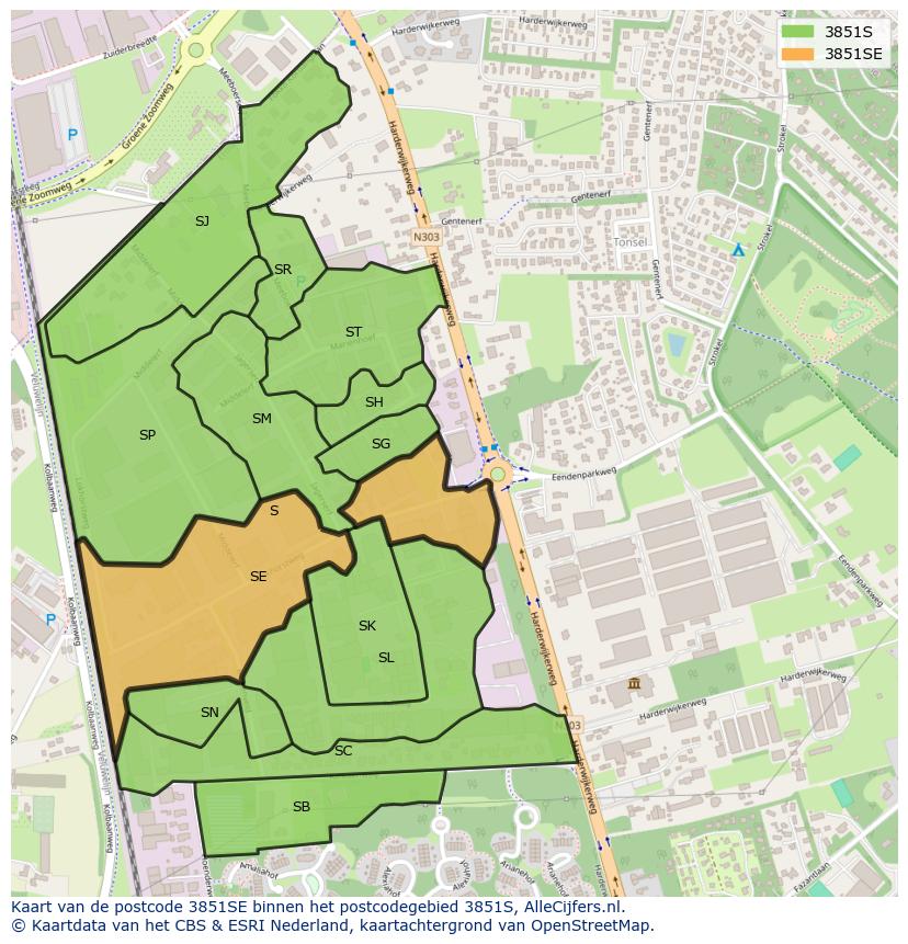 Afbeelding van het postcodegebied 3851 SE op de kaart.