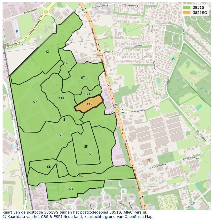 Afbeelding van het postcodegebied 3851 SG op de kaart.
