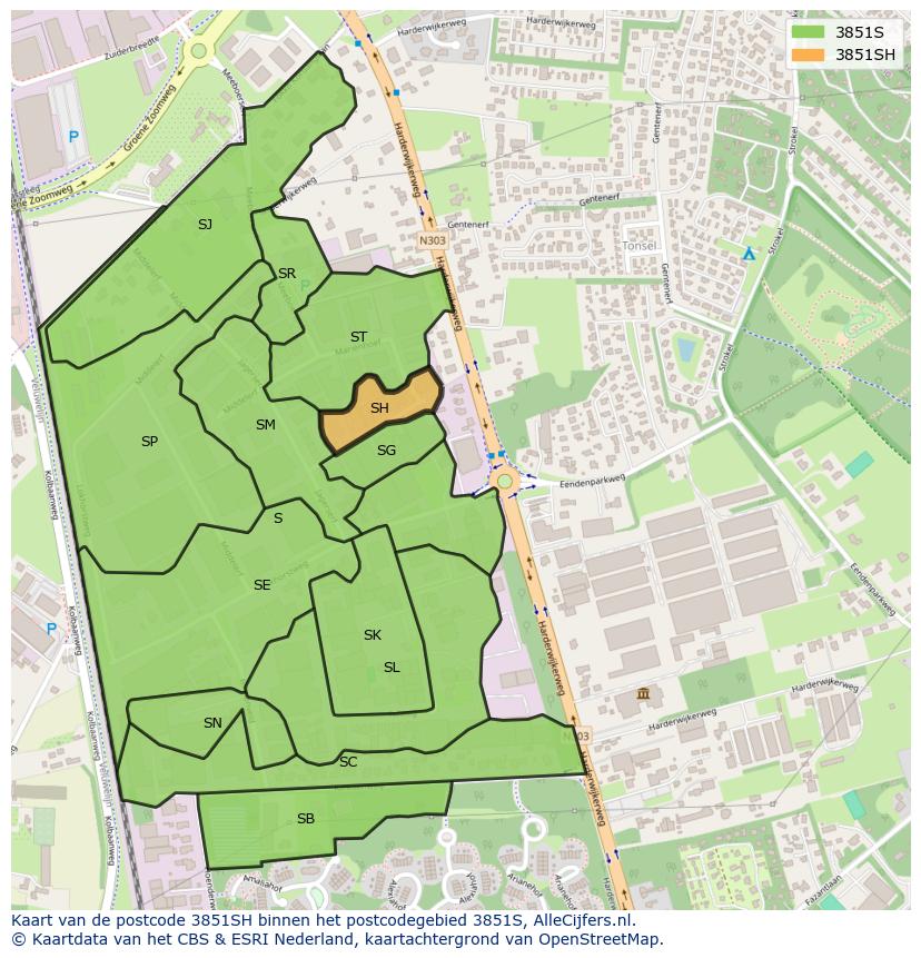 Afbeelding van het postcodegebied 3851 SH op de kaart.