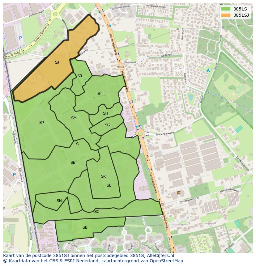 Afbeelding van het postcodegebied 3851 SJ op de kaart.