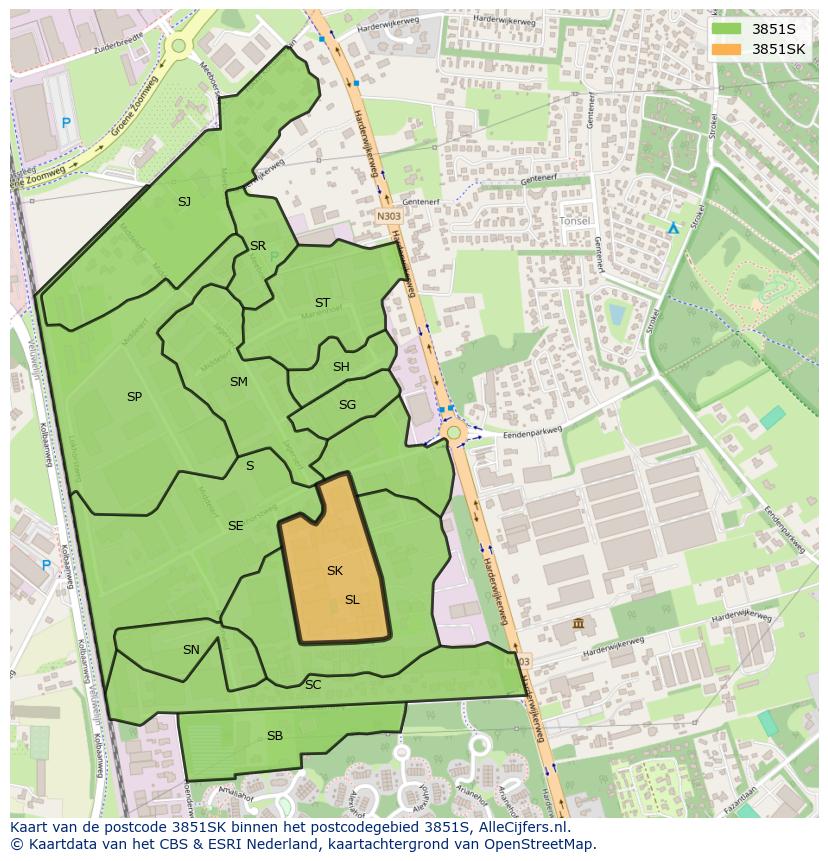 Afbeelding van het postcodegebied 3851 SK op de kaart.