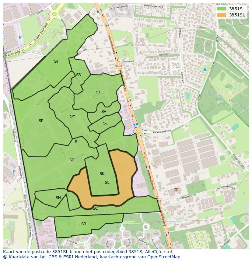 Afbeelding van het postcodegebied 3851 SL op de kaart.
