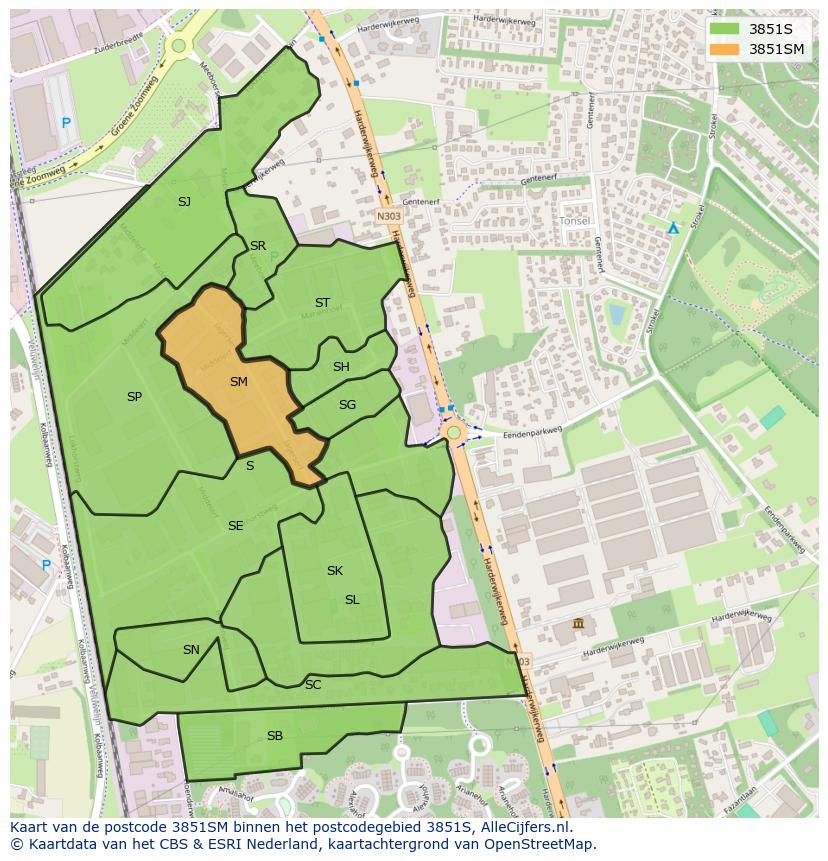 Afbeelding van het postcodegebied 3851 SM op de kaart.