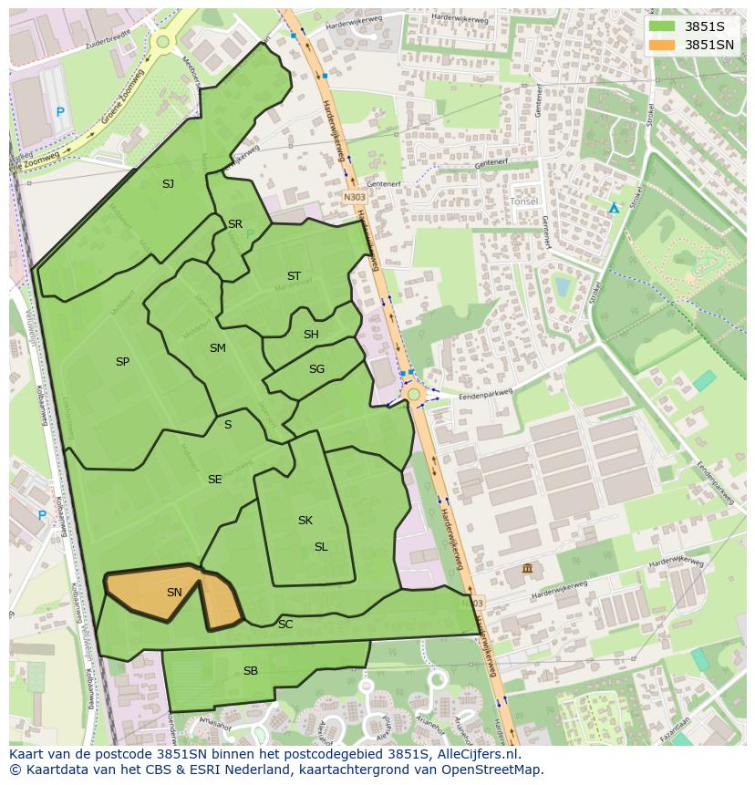 Afbeelding van het postcodegebied 3851 SN op de kaart.
