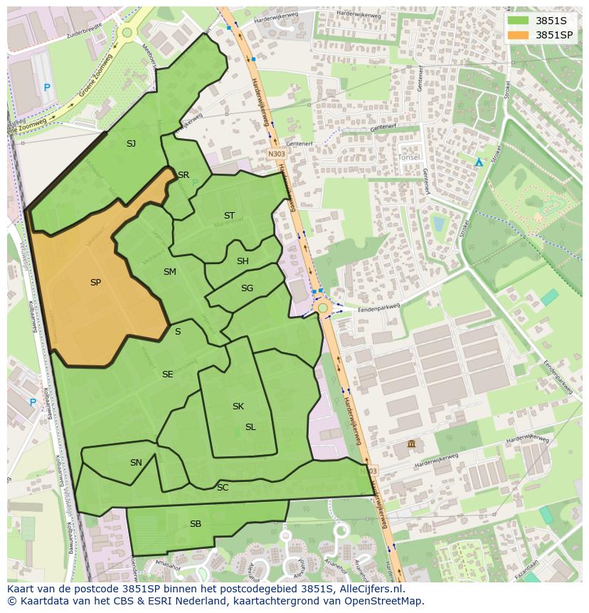 Afbeelding van het postcodegebied 3851 SP op de kaart.
