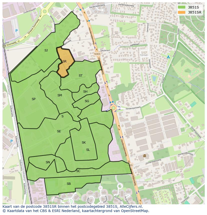 Afbeelding van het postcodegebied 3851 SR op de kaart.