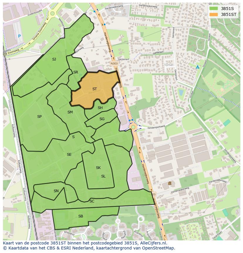 Afbeelding van het postcodegebied 3851 ST op de kaart.