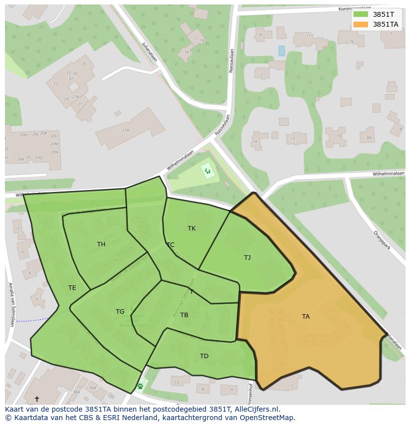 Afbeelding van het postcodegebied 3851 TA op de kaart.