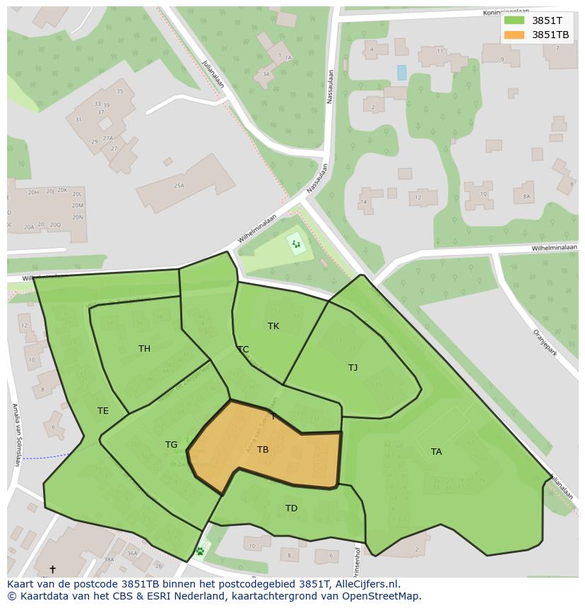 Afbeelding van het postcodegebied 3851 TB op de kaart.