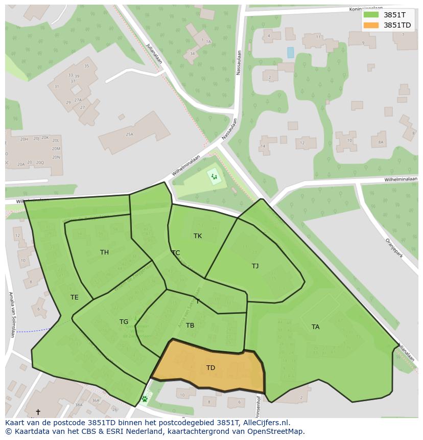 Afbeelding van het postcodegebied 3851 TD op de kaart.