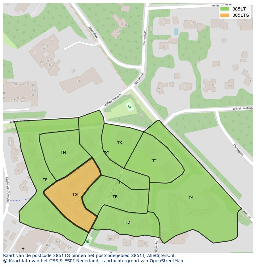 Afbeelding van het postcodegebied 3851 TG op de kaart.