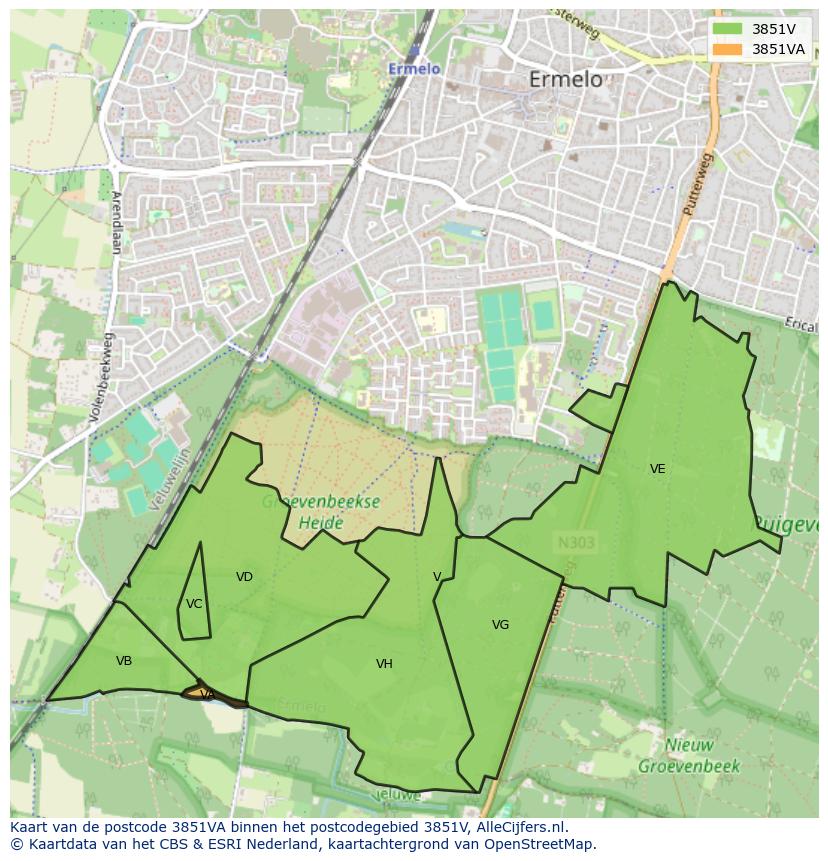 Afbeelding van het postcodegebied 3851 VA op de kaart.
