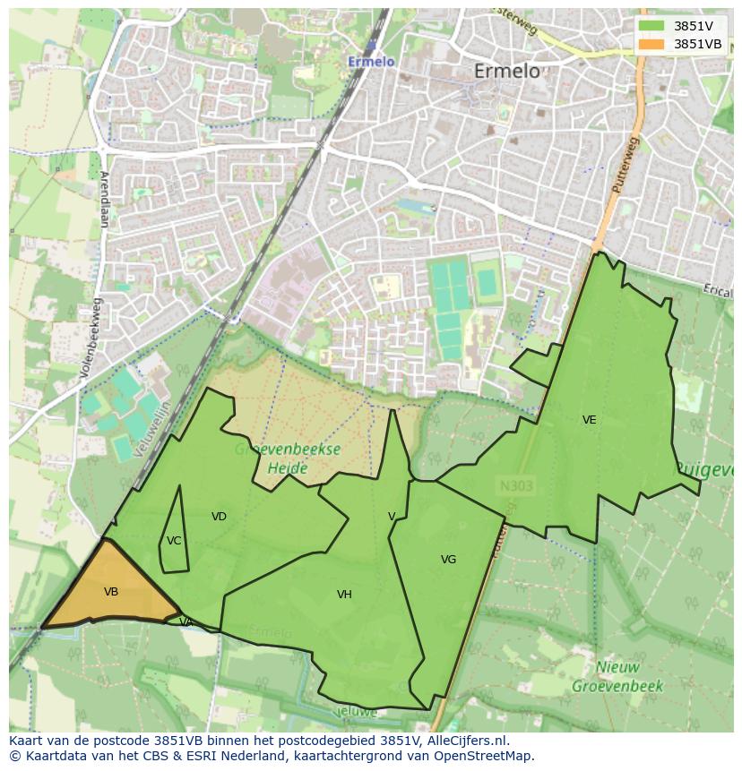 Afbeelding van het postcodegebied 3851 VB op de kaart.