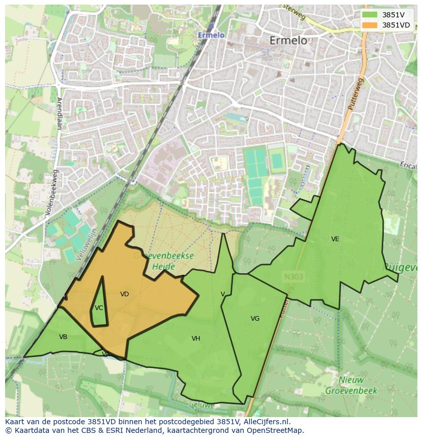 Afbeelding van het postcodegebied 3851 VD op de kaart.