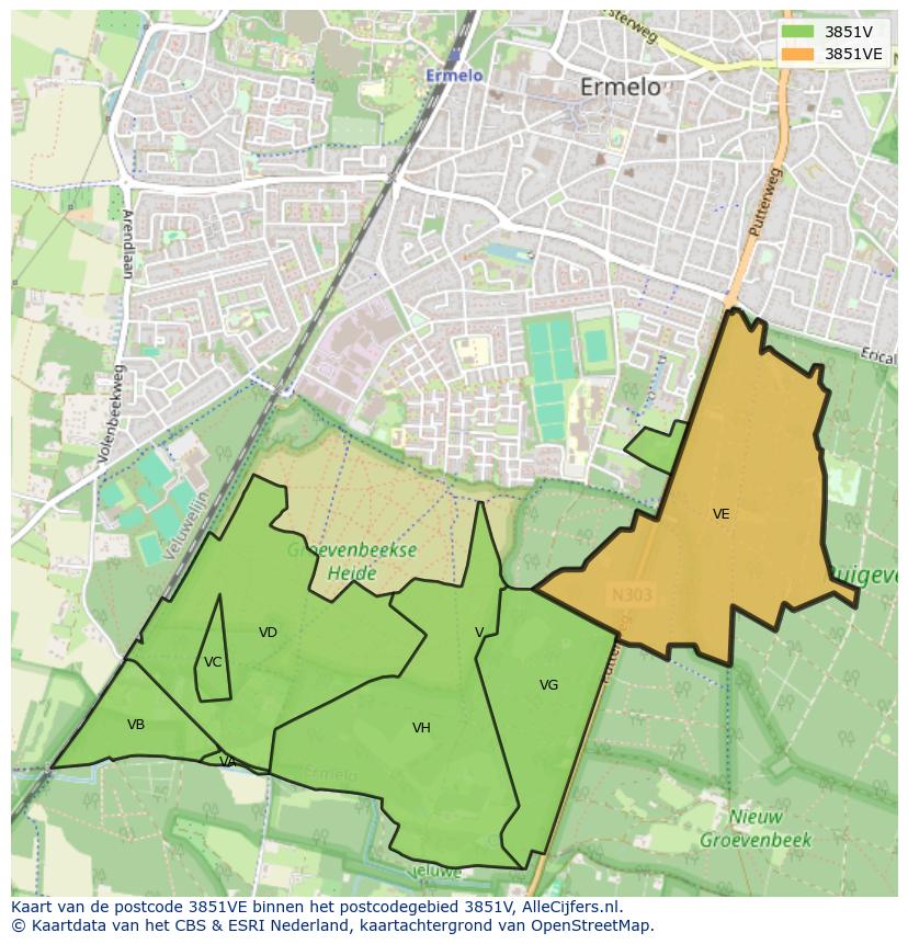 Afbeelding van het postcodegebied 3851 VE op de kaart.