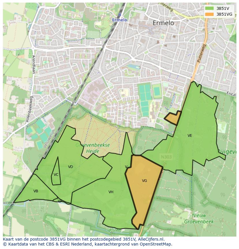 Afbeelding van het postcodegebied 3851 VG op de kaart.