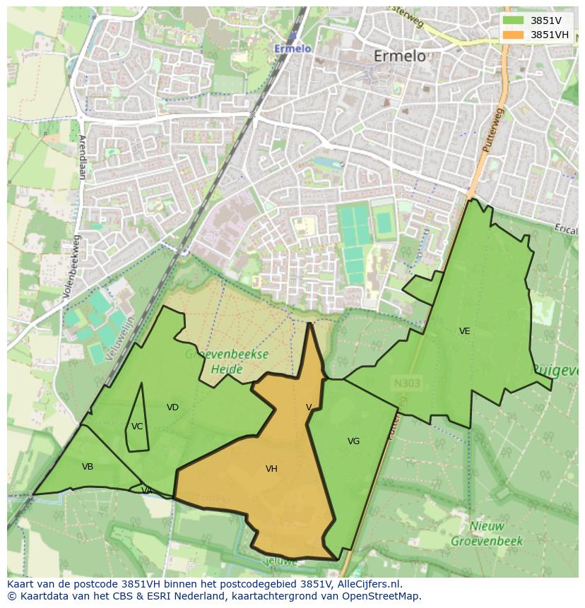 Afbeelding van het postcodegebied 3851 VH op de kaart.