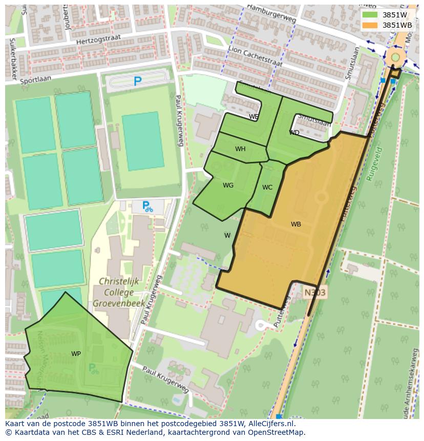 Afbeelding van het postcodegebied 3851 WB op de kaart.