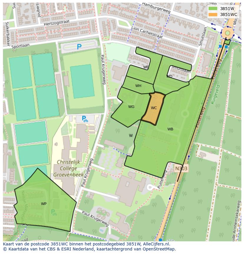 Afbeelding van het postcodegebied 3851 WC op de kaart.