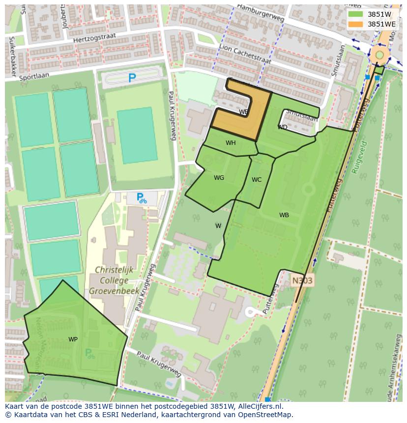 Afbeelding van het postcodegebied 3851 WE op de kaart.