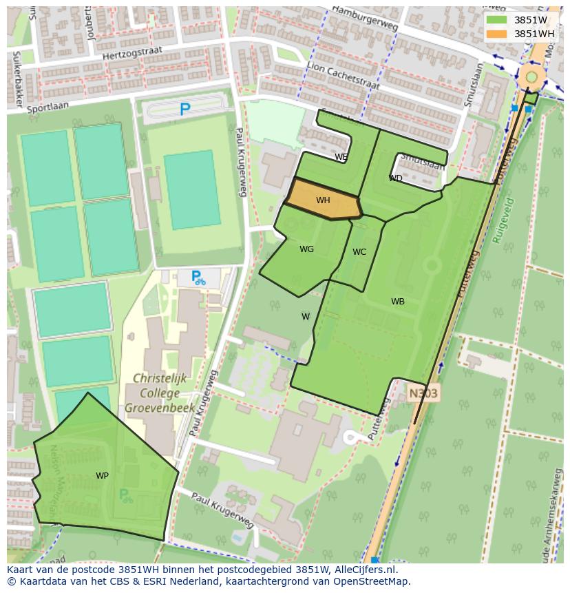 Afbeelding van het postcodegebied 3851 WH op de kaart.