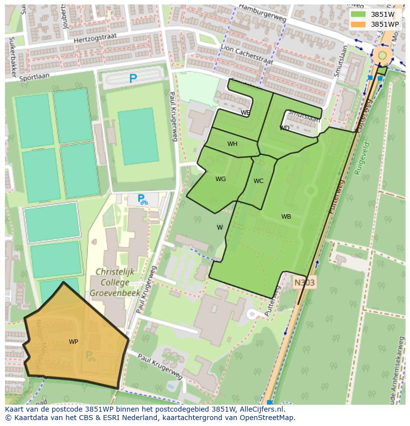 Afbeelding van het postcodegebied 3851 WP op de kaart.