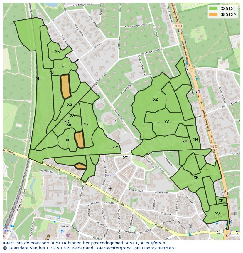 Afbeelding van het postcodegebied 3851 XA op de kaart.