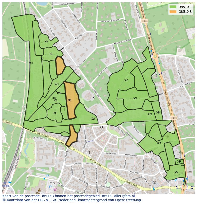 Afbeelding van het postcodegebied 3851 XB op de kaart.